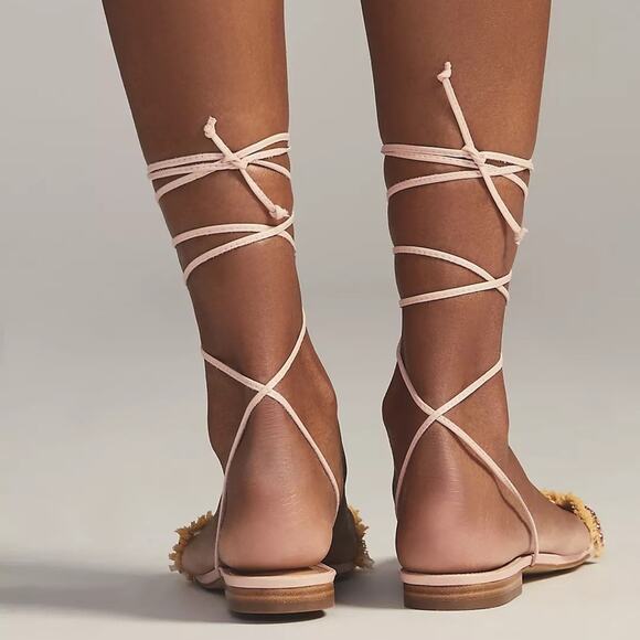 Anthropologie Embellished Tie Up Pink/Rose Raffia Square Toe Sandals New in Box - Picture 7 of 12